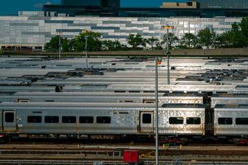 New York subwaymetro trains are not in service. Subway metro train station depo parking with many railway routes..Highline view of lined trains