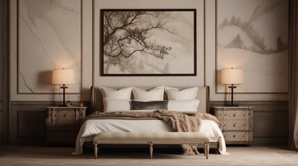 An antique-inspired bedroom features a mockup poster blank frame on a beautifully antiqued marble wall.