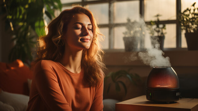 woman relaxing on a coach while essential oil aroma diffuser humidifier the air in living room