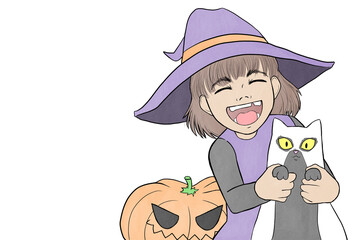 Cute little kid dressed up in a witch Halloween costume with a cat in a ghost costume and a pumpkin