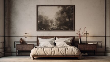An antique-inspired bedroom showcases a mockup poster blank frame on an antiqued marble wall.