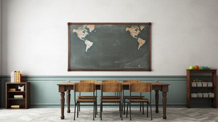 An antique-inspired class room showcases a mockup poster blank frame on an antiqued marble wall.