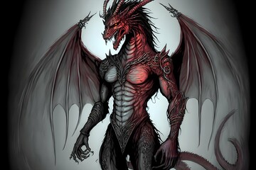 Dragon humanoid with a human face and long dark hair red scaly skin muscular two horns on forehead pointy frilled ears slit reptile eyes clawed hands digitigrade legs long dragon tail and wings  - obrazy, fototapety, plakaty
