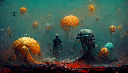 Aquapunk Enormous Alien City Imagined by a child Underwater Detailed carving multicolered candy black leather intricate details Coral Reef Many Jellyfish and Squid 32K ultra high resolution  - obrazy, fototapety, plakaty