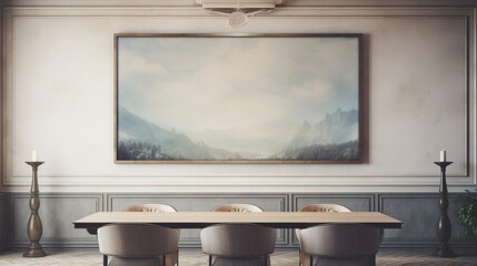 An antique-inspired meeting room is adorned with a mockup poster blank frame on an antiqued marble wall.