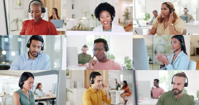 Call center, collage and people in office for customer service, consulting and telemarketing company. Communication, diversity and men and woman talking for advice, help and CRM support on mosaic