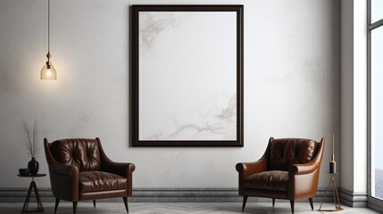 An antiqued marble wall adds character to a old featuring a mockup poster blank frame.