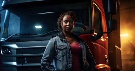 Fototapeta na wymiar Black Female Truck Driver Occupation Work Role Work Environment Background Generative AI