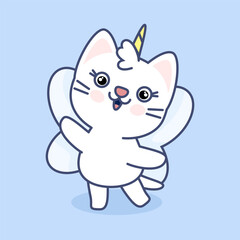 Cute white kawaii cat with unicorn horn and wings