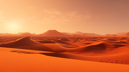 Fototapeta na wymiar Epic desert panorama: The sun sets in a blaze of gold over a sea of undulating dunes. The sands stretch infinitely, a canvas for nature's fiery farewell. 