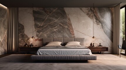 An antiqued marble wall showcases a blank poster frame above a stylish modern bed.