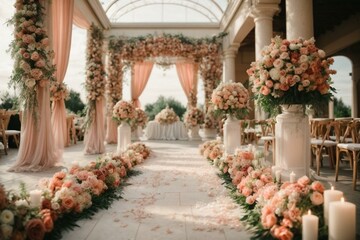 Luxurious decor elements with an arch and flowers in pastel light colors for an outdoor wedding ceremony. Romantic atmosphere.
