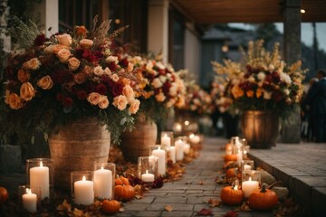 Obraz na płótnie Canvas Luxury wedding decor elements with flowers and candles for an outdoor night ceremony. Romantic atmosphere, cozy autumn evening. 