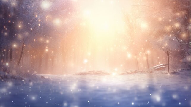  a snow covered forest with a bright light coming from the trees.  generative ai