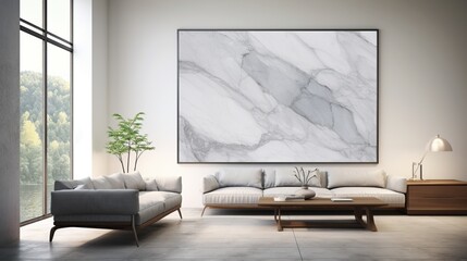 An elegantly polished marble wall enhances the beauty of a modern living river with a mockup poster blank frame.