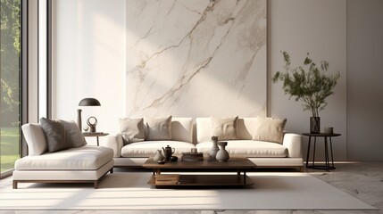An elegantly polished marble wall complements the design of a modern living room with a mockup poster blank frame.