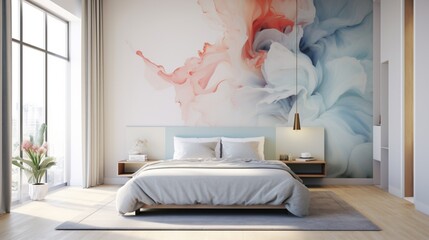 An enchanting Mockup poster frame, gracefully hung on a marble wall, enriching the atmosphere surrounding a modern bed, positioned within a contemporary living room. Impeccable