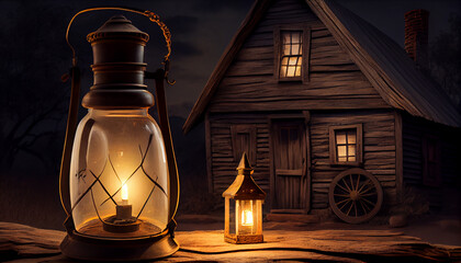 Fototapeta na wymiar The village house and kerosene lamp background, concept lighting, Ai generated image
