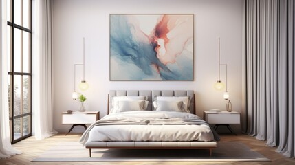 An enchanting Mockup poster frame, gracefully hung on a marble wall, enriching the atmosphere around a modern bed, positioned within a contemporary living room. Impeccable