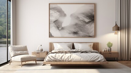 An exquisite Mockup poster frame, suspended from a marble wall, enhancing the ambiance of a modern bed, nestled in a contemporary living room.