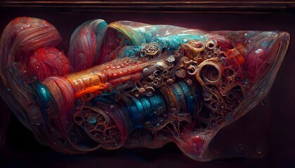 Aquapunk Internal workings of an Alien Starship Engine imagined by a child Detailed carving multicolered candy black leather intricate details 32K ultra high resolution  - obrazy, fototapety, plakaty