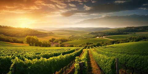 Beauty unveiled in countryside. Nature palette. Vineyard rows aglow in warmth of sunset. Italian...