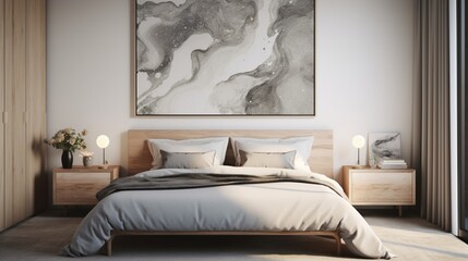An exquisite Mockup poster, suspended from a marble wall with finesse, serving as a captivating focal point above a modern bed, located in a chic modern living room. Delivered in unparalleled