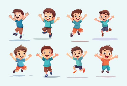 set of cartoon people being happy and jumping. The design uses a flat, minimalist and simple vector style