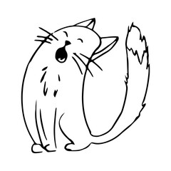 Cute singing cat, kitten in line doodle style emotional character isolated on white background. Comic Pet drawing.