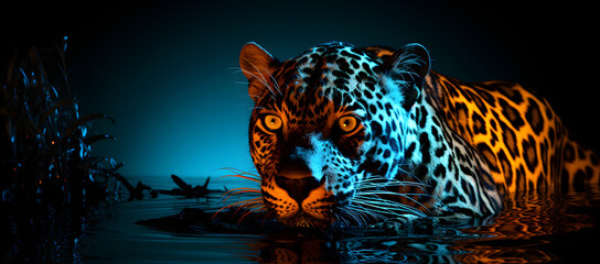 a leopard that is glowing in the dark water