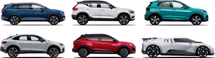 Vector Realistic Side View Cars Collection, SUV, Mini Van and a Super Car in White, Blue, Red and Green Colors with Gradients and trancperncye, all Cars are manually traced.