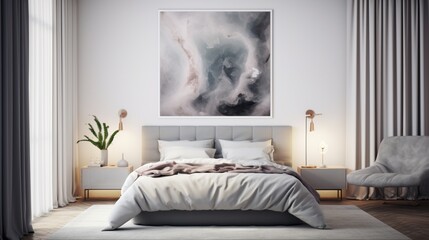 An exquisite Mockup poster, suspended from a marble wall with finesse, serving as an enchanting centerpiece above a modern bed, situated in a tastefully designed modern living room. 