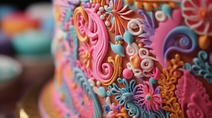Capture an extreme close-up of a delicate fondant birthday cake, highlighting intricate details and...