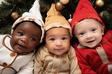 Nahaufnahme von drei lächelnde Babys unterschiedlicher Nationalitäten, gekleidet in roter,...
