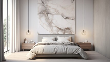 An exquisite Mockup poster, suspended from a marble wall with finesse, serving as an enchanting centerpiece above a modern bed, situated in a tastefully designed modern living room . - obrazy, fototapety, plakaty