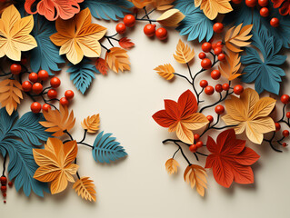 Autumn background with graphically paper-cut maple, oak leaves and berries. Designed to provide a blank area for later use.
