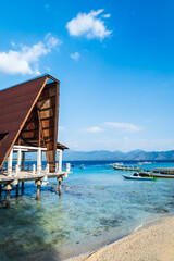 Gili Island, Gili Meno, beautiful beach and boat jetty area view in Lombok, Bali, Indonesia 