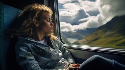 Girl relaxing while traveling by train