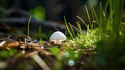  a small white mushroom sitting on the ground in the grass.  generative ai