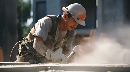 Dynamic shot of a worker pouring concrete, with a contrast between wet gray and sunlit gold. professional industrial manpower in modern construction industry. generative AI