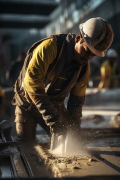 Dynamic shot of a worker pouring concrete, with a contrast between wet gray and sunlit gold. professional industrial manpower in modern construction industry. generative AI