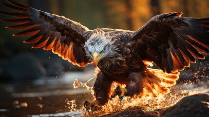Beautiful shot of an eagle flying over the water with the setting sun in the background