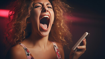 a photograph of a woman singing to her cellphone