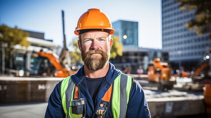 Successful construction site worker in hard hat on a construction site in the city. Engineer, Architect Construction Site Planning Concept.

