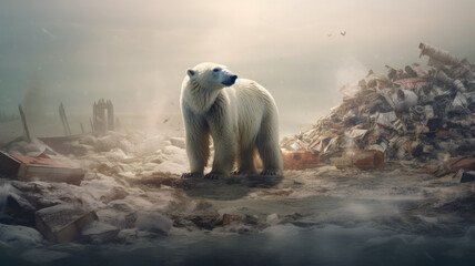 A polar bear stands amidst a sea of ice filled with plastic bottles that is polluting the environment.generative ai - obrazy, fototapety, plakaty