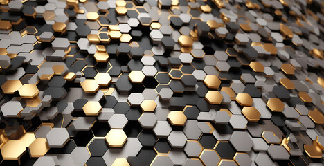 Abstract futuristic luxurious digital geometric technology hexagon background banner illustration 3d - Glowing gold, brown, gray and black hexagonal 3d shape texture wall (Generative