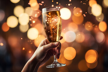 A glass of New Year's champagne in a hand with a blurred background