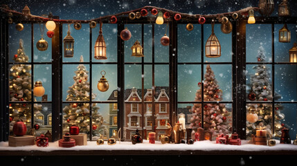  Christmas decorations on the window sill, houses and trees in snow and houses with garlands - obrazy, fototapety, plakaty