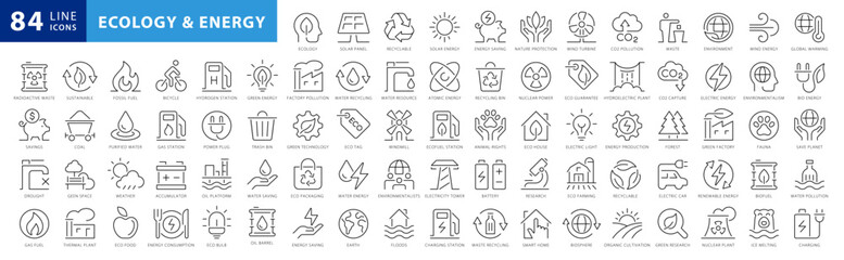 Set of green energy thin line icons. Black and White Icons for renewable energy, green technology. Design elements for environmentalism projects. Vector illustration - 651248649
