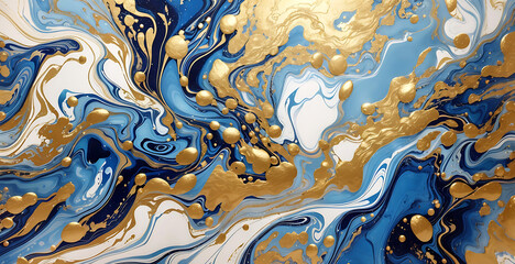Abstract marble marbled ink painted painting texture luxury background banner - Blue waves swirls gold painted splashes (Generative Ai)